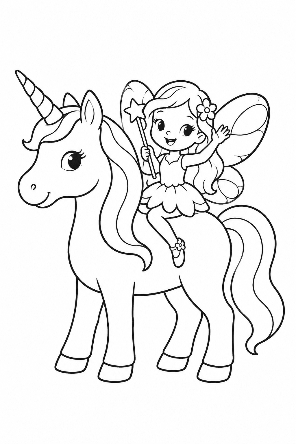 Einfache Fee sitzt auf dem Einhorn als Ausmalbild