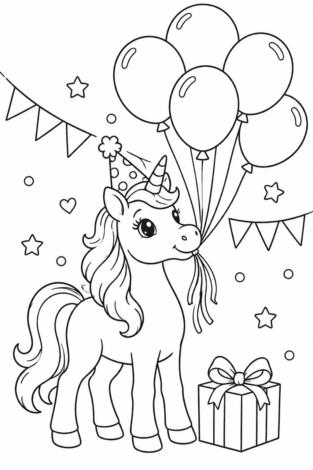 Einhorn mit Luftballons als Ausmalbild