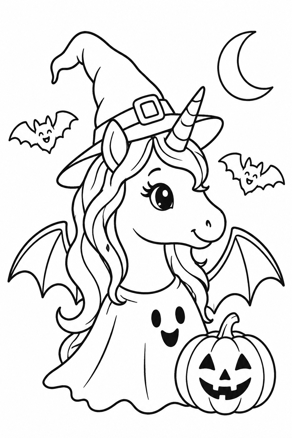 Einhorn mit Hexenhut als Ausmalbild
