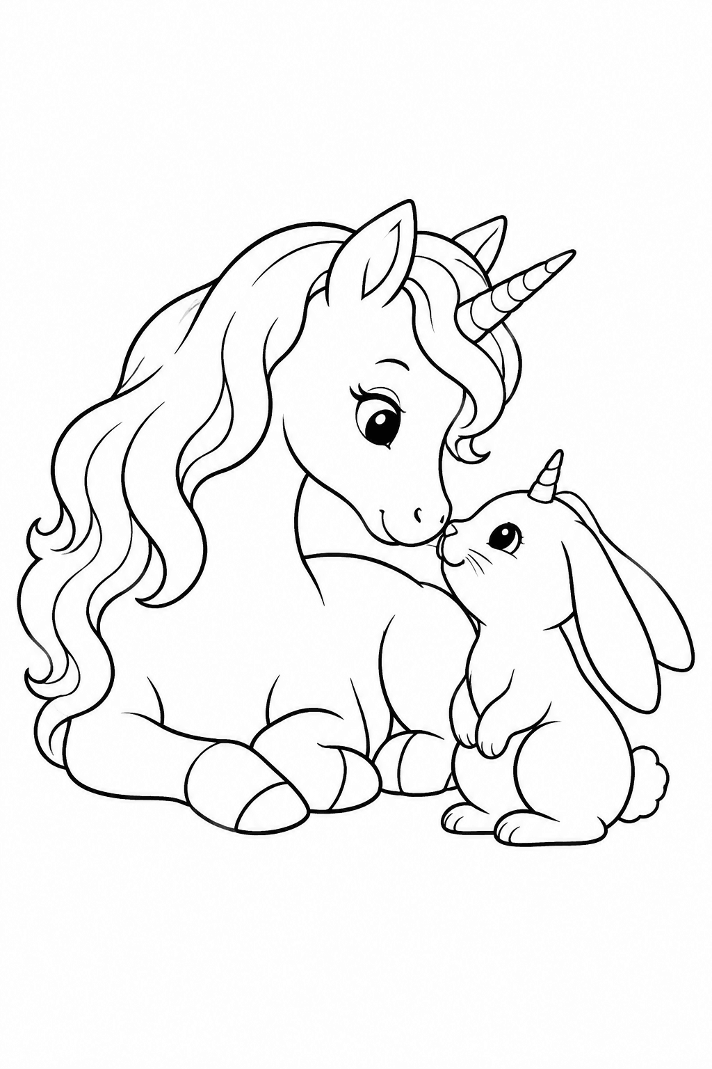 Einhorn und Hase Nase an Nase als Ausmalbild