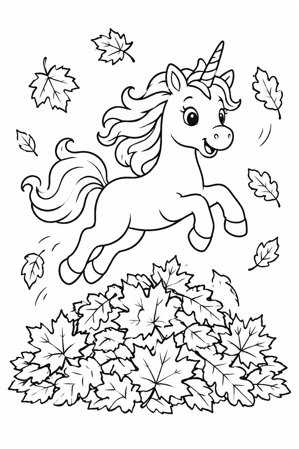 Einhorn springt in einen Laubhaufen als Ausmalbild