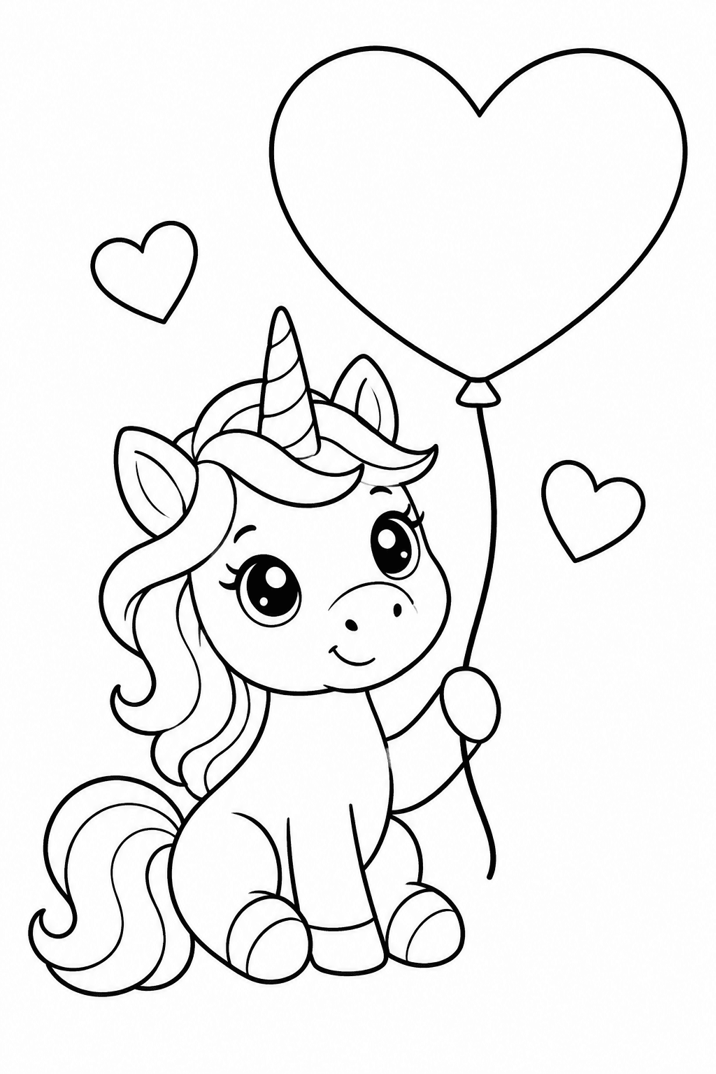 Einhorn mit Herzluftballon als Ausmalbild