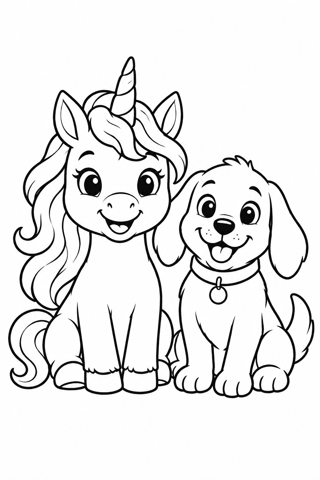 Einhorn und Hund sitzen nebeneinander als Ausmalbild