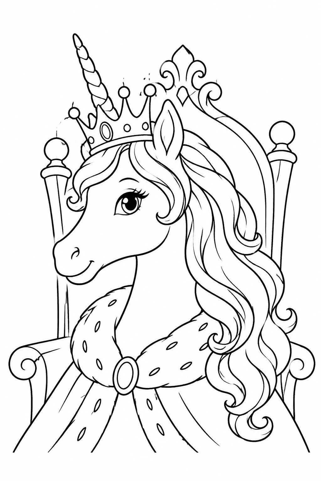 Einhorn-Königin mit großer Krone als Ausmalbild