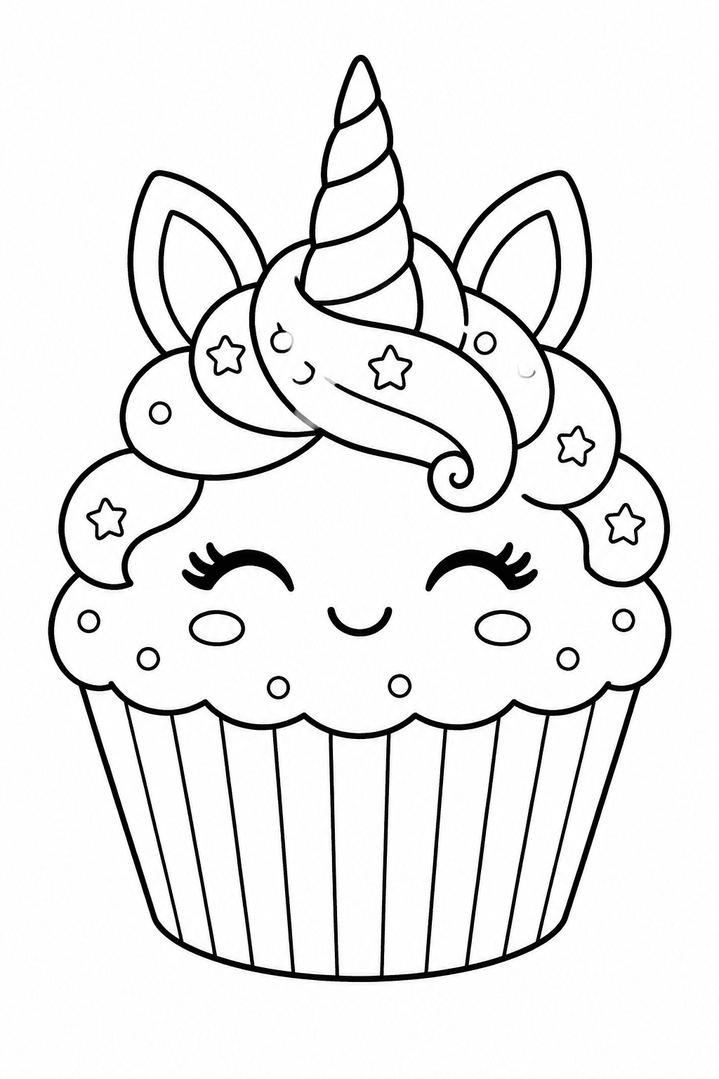 Muffin mit Einhorn-Horn und Ohren als Ausmalbild