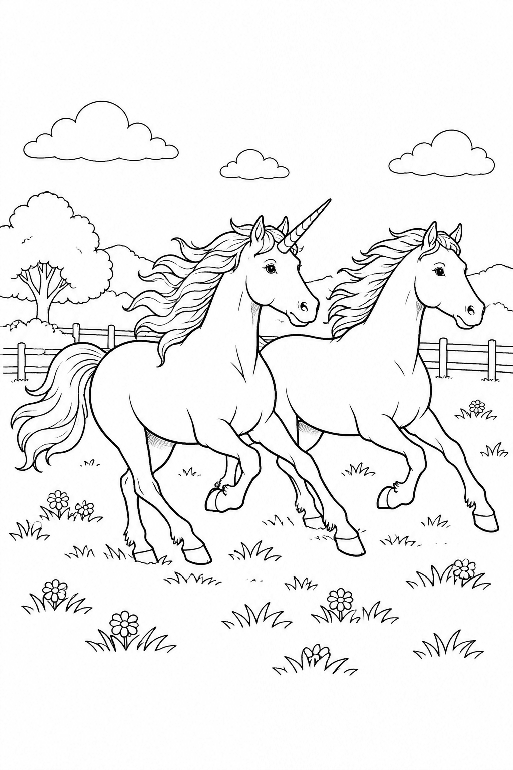 Einhorn und Pferd galoppieren nebeneinander als Ausmalbild
