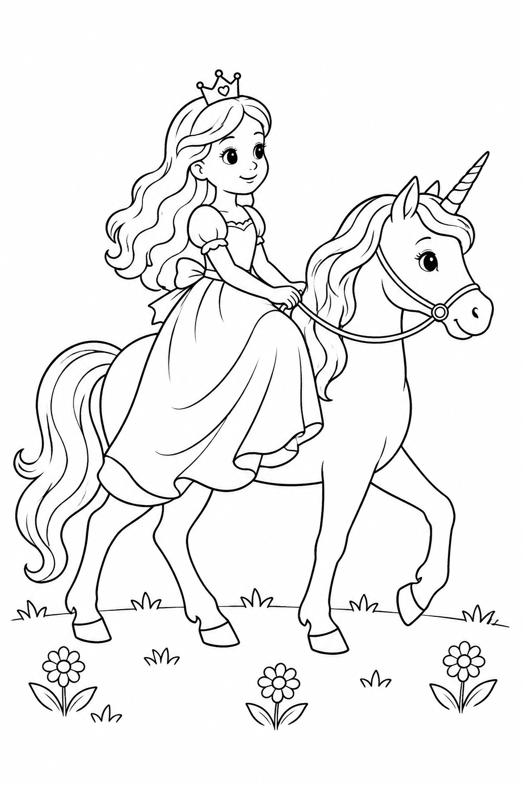 Prinzessin reitet auf ihrem Einhorn als Ausmalbild
