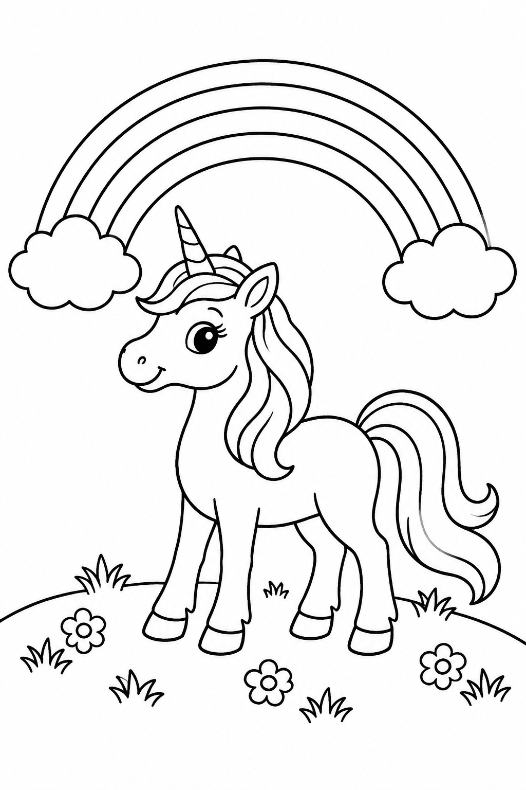 Einhorn steht unter einem großen Regenbogen als Ausmalbild