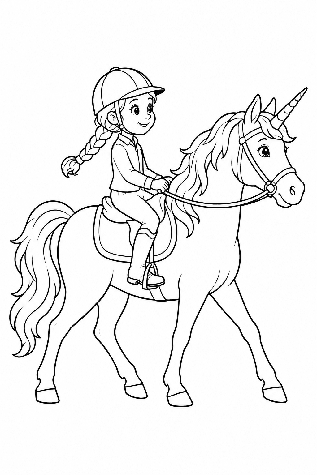 Mädchen reitet auf einem Einhorn als Ausmalbild