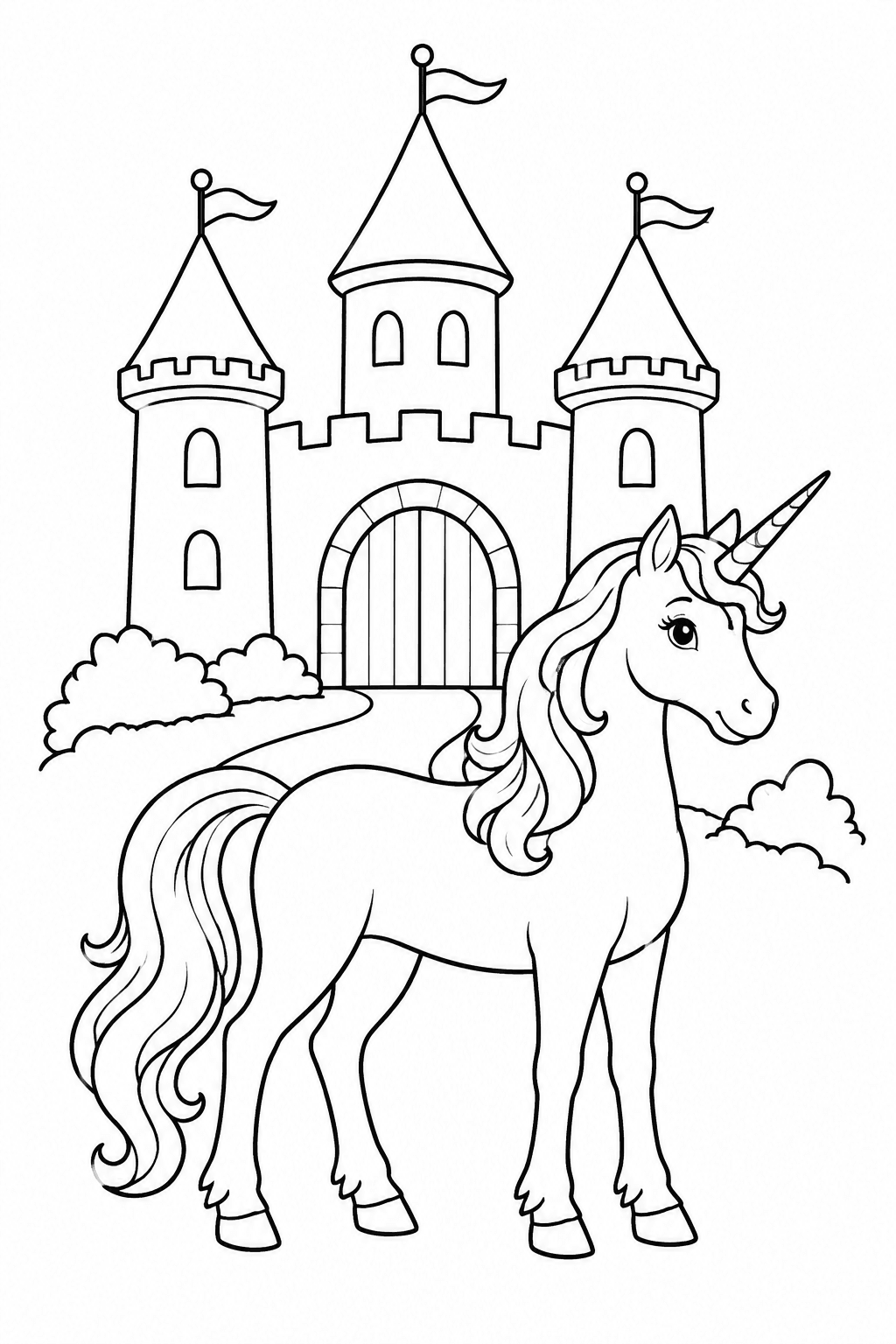 Einhorn vor dem Schlosstor als Ausmalbild