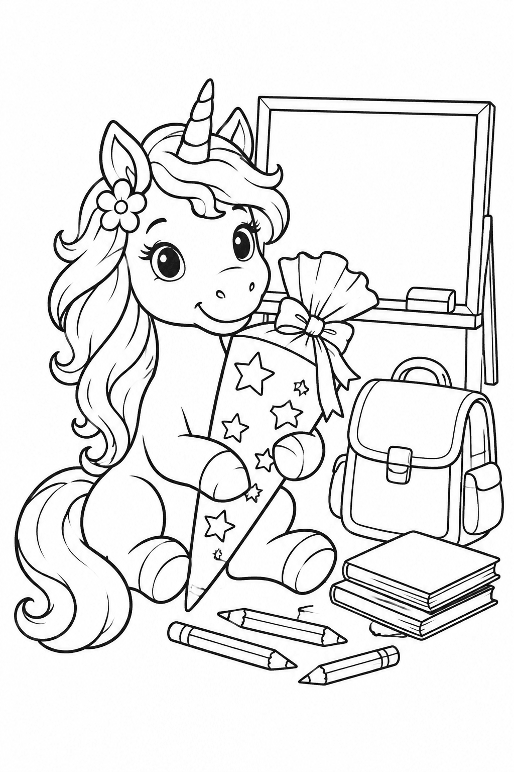 Einhorn mit großer Schultüte als Ausmalbild