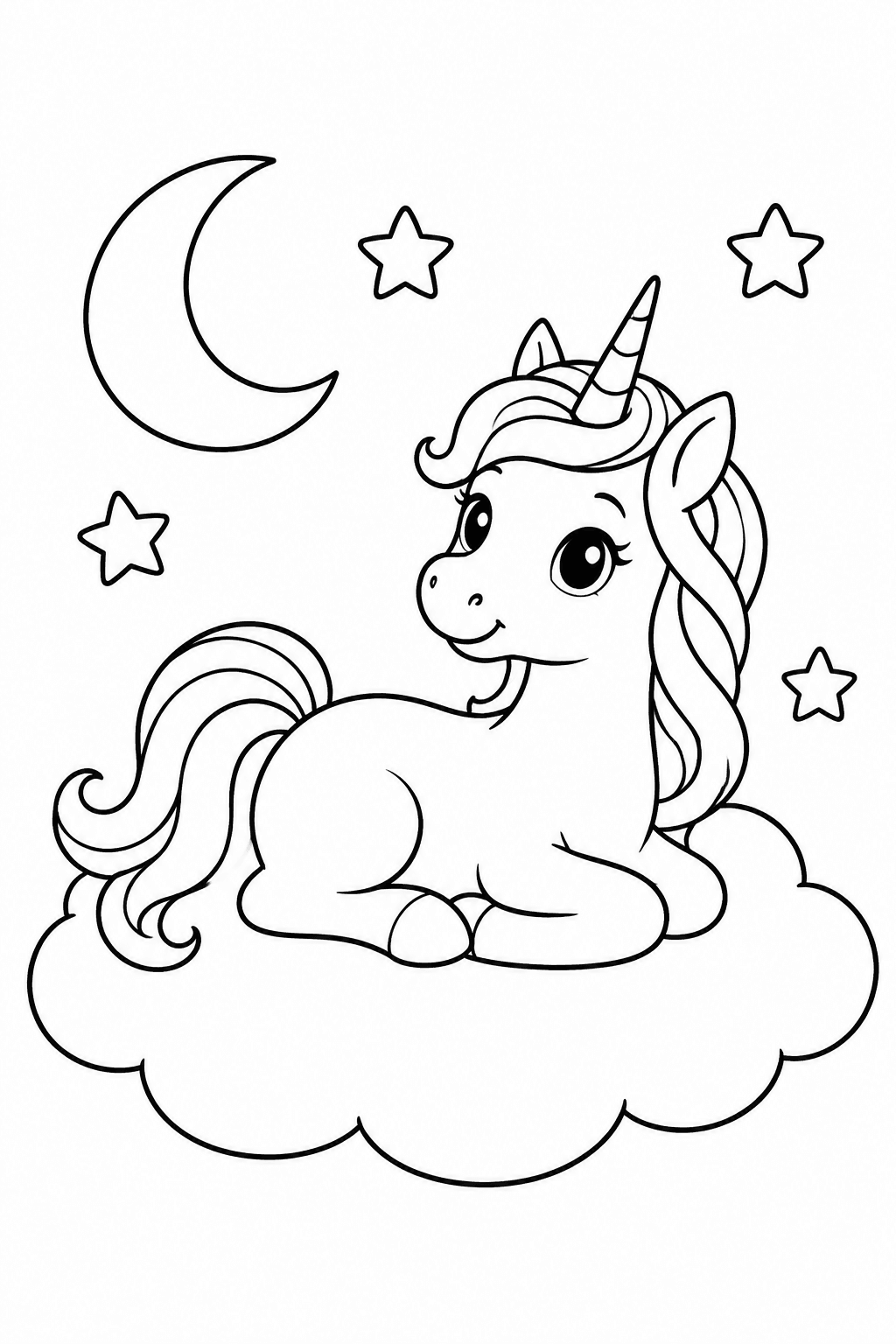 Einhorn liegt auf einer Wolke als Ausmalbild