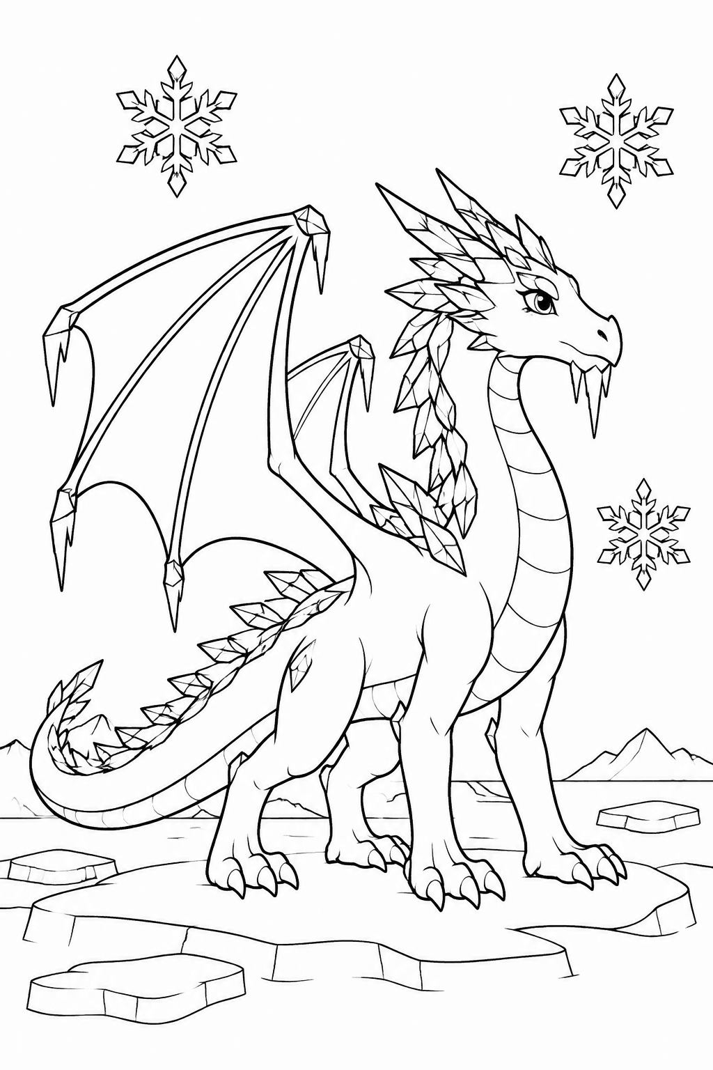 Eisdrache mit Kristallzacken als Ausmalbild
