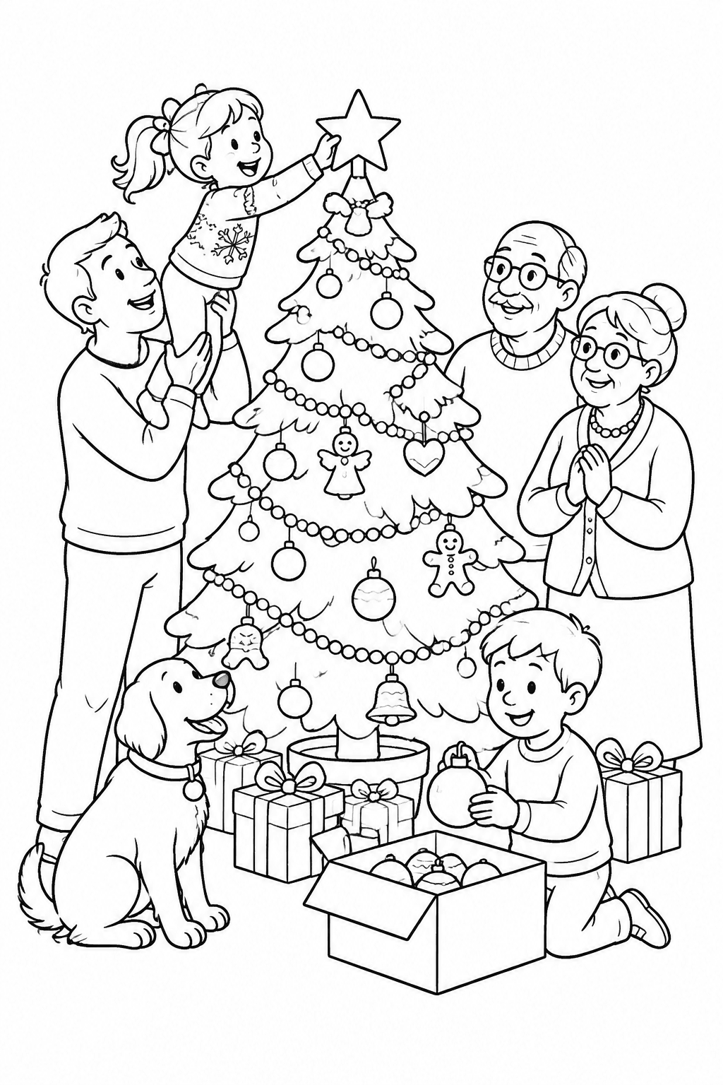 Familie schmückt gemeinsam den Baum als Ausmalbild