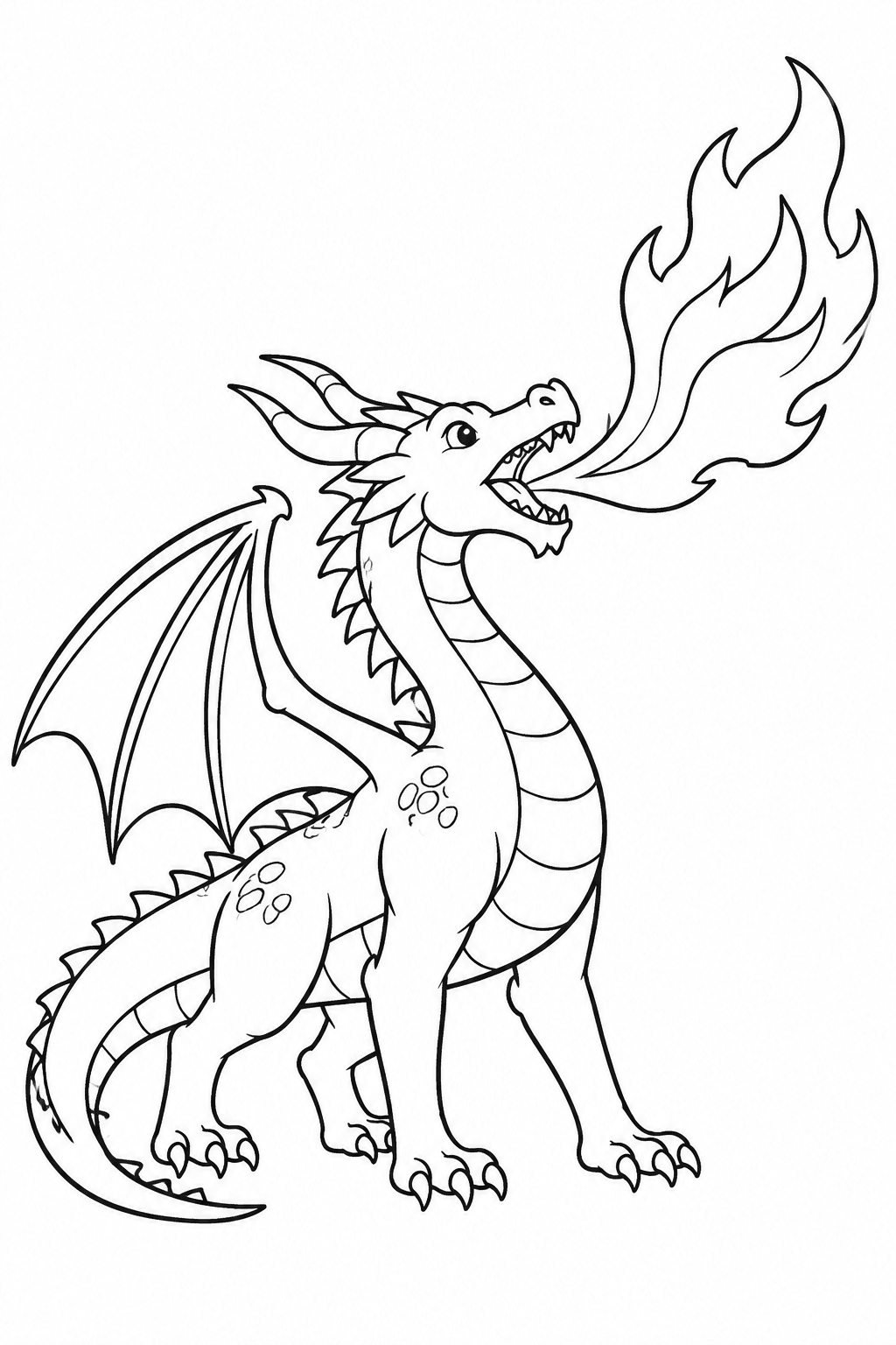 Drache speit eine große Flamme als Ausmalbild