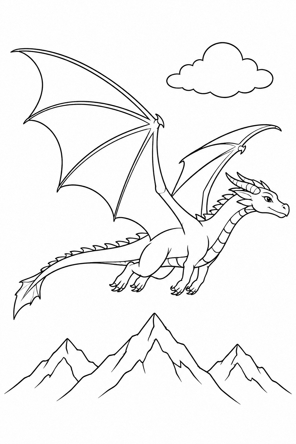 Drache gleitet über Berggipfel als Ausmalbild