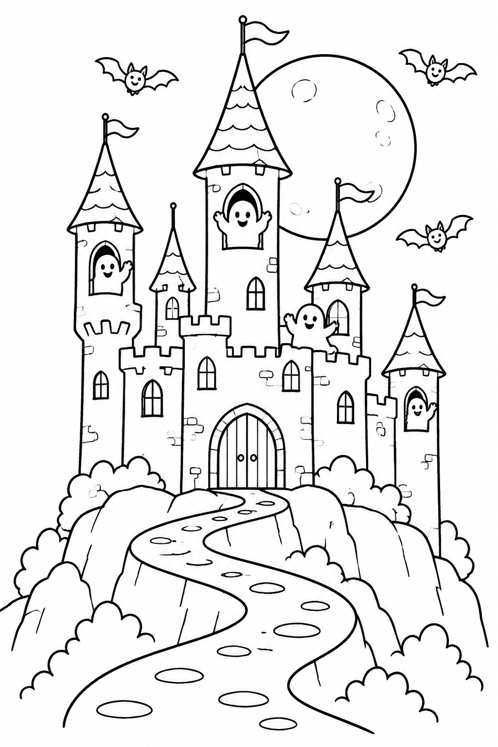 Geisterschloss auf einem Berg im Mondlicht als Ausmalbild