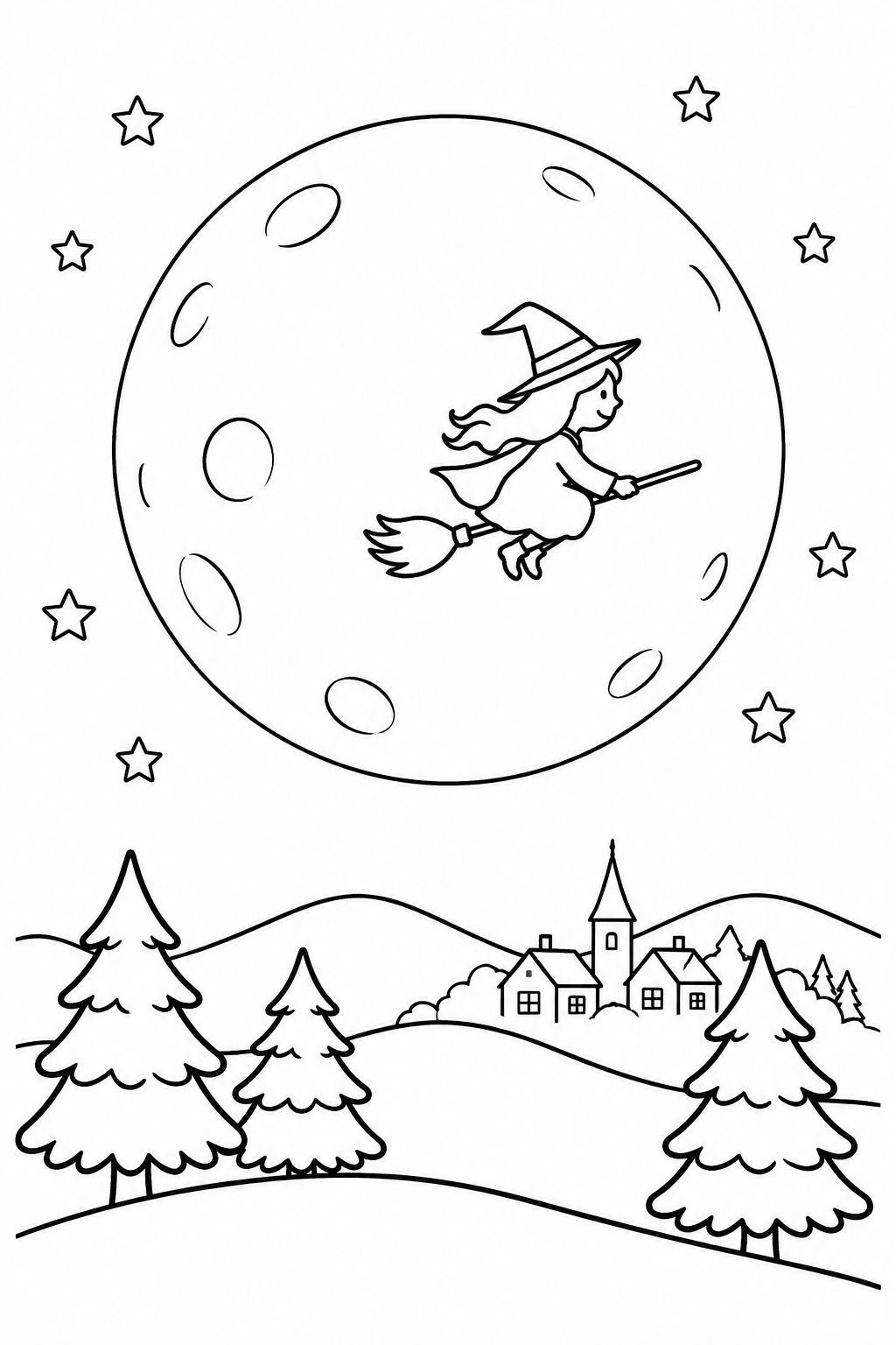 Hexe fliegt vor dem Vollmond vorbei als Ausmalbild