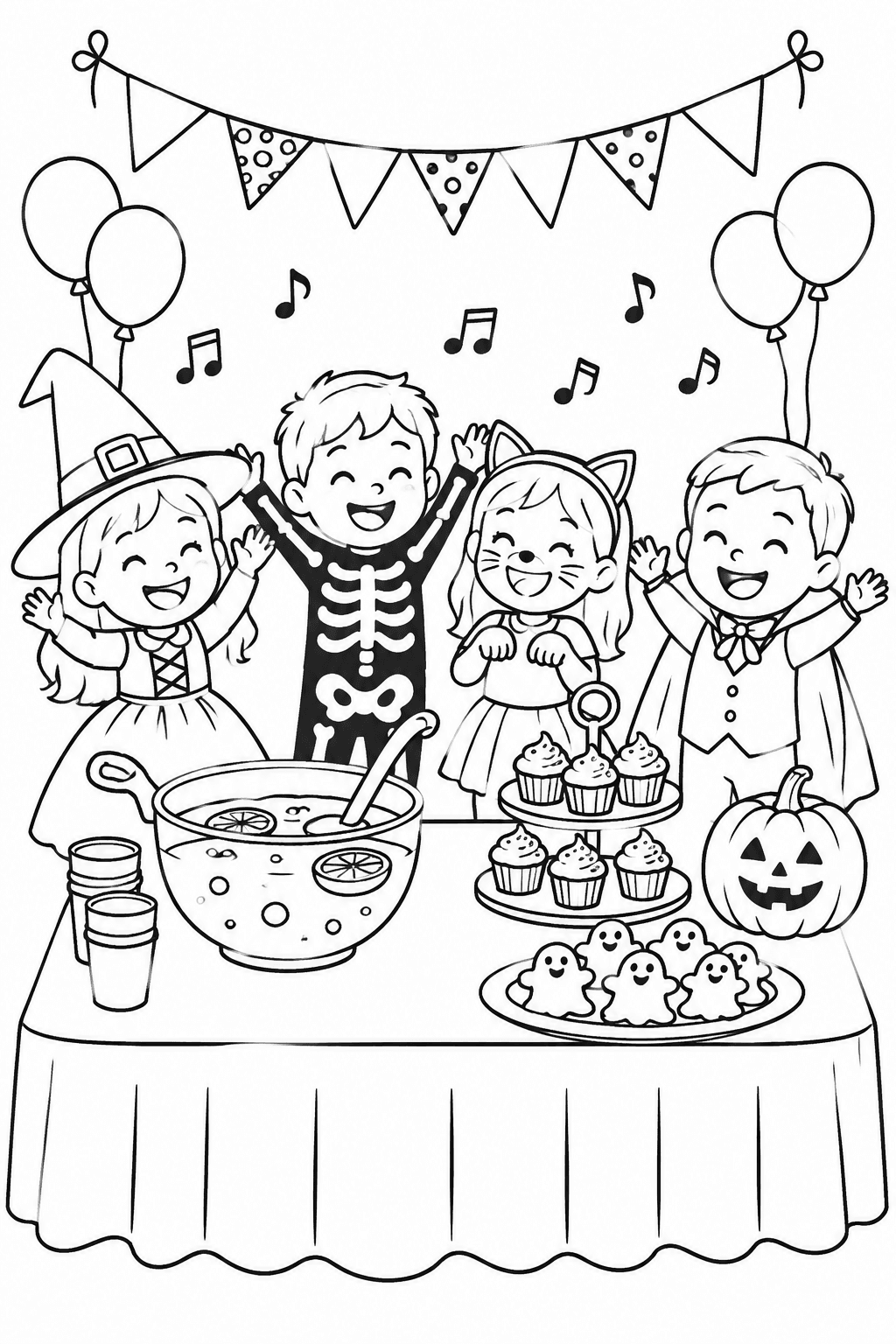 Buffet mit Bowle und Kürbismuffins als Ausmalbild