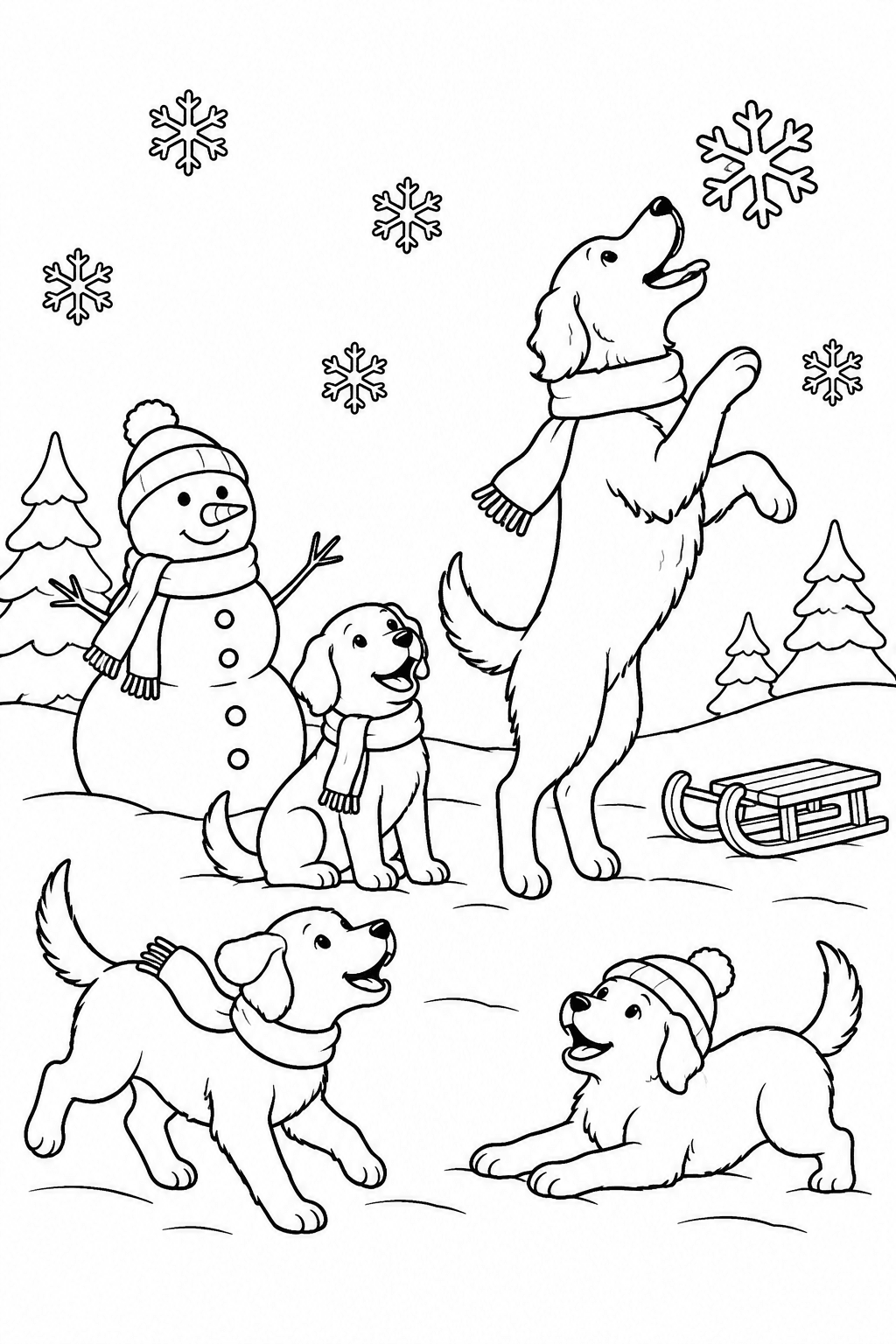 Hund schnappt nach Schneeflocken als Ausmalbild