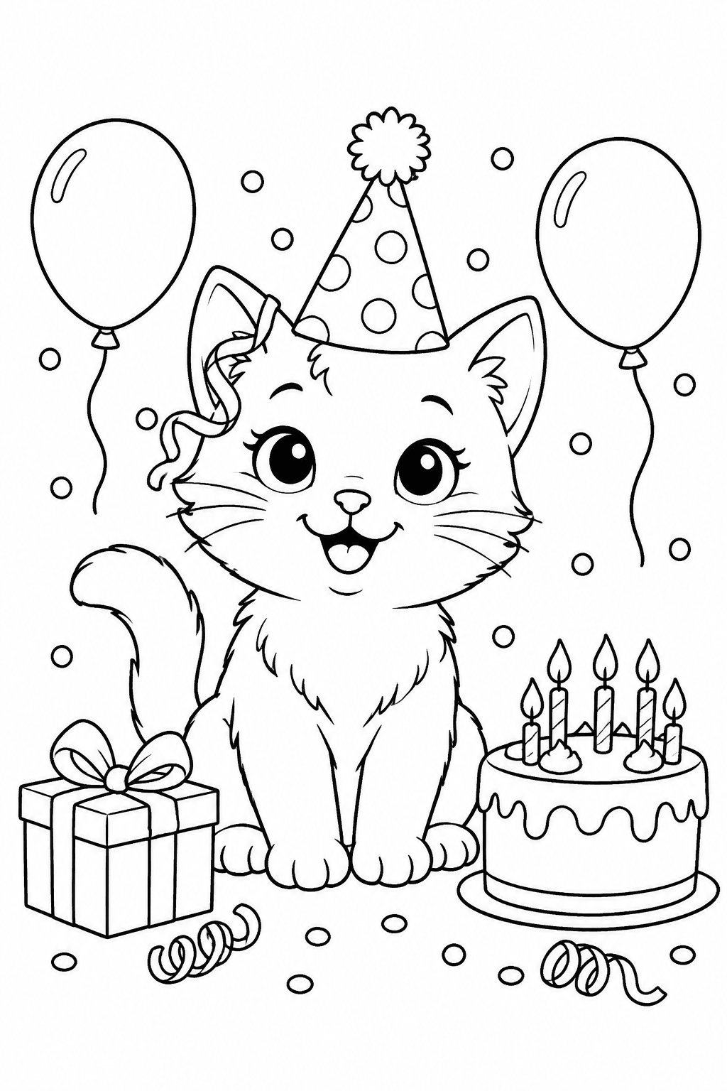 Katze mit Partyhut bei Torte und Ballons als Ausmalbild