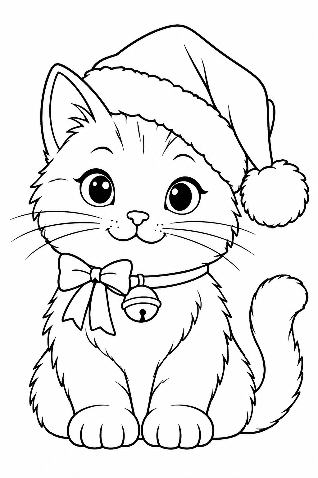 Katze mit Weihnachtsmütze und Glöckchen als Ausmalbild