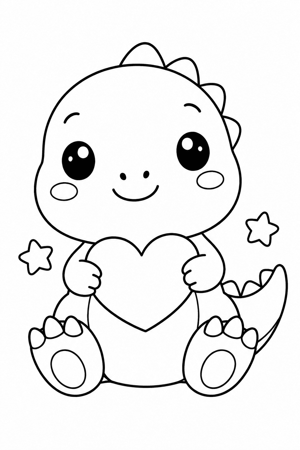 Runder Kawaii-Dino mit Herz als Ausmalbild