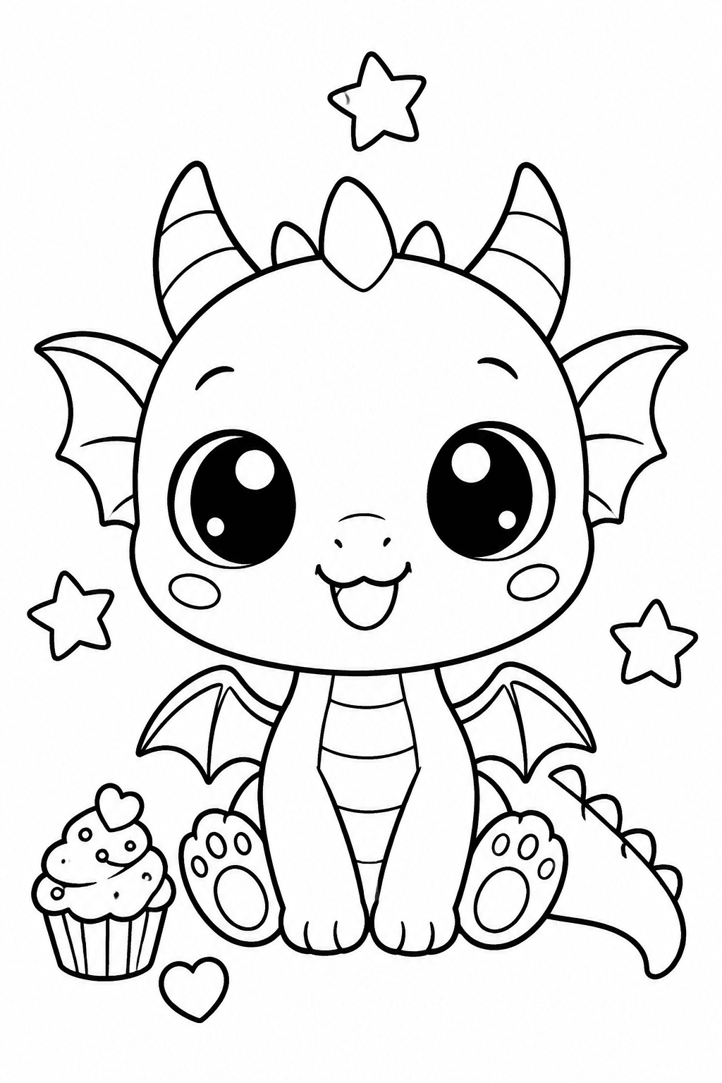 Kawaii-Drache mit Kulleraugen als Ausmalbild