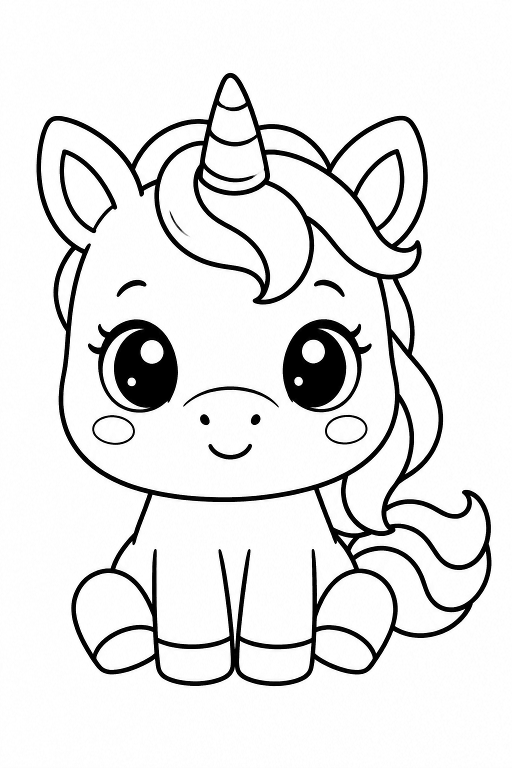 Sitzendes Kawaii-Einhorn mit großen Augen als Ausmalbild
