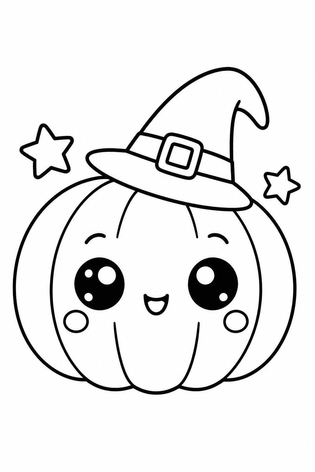 Lächelnder Kawaii-Kürbis mit Hexenhut als Ausmalbild
