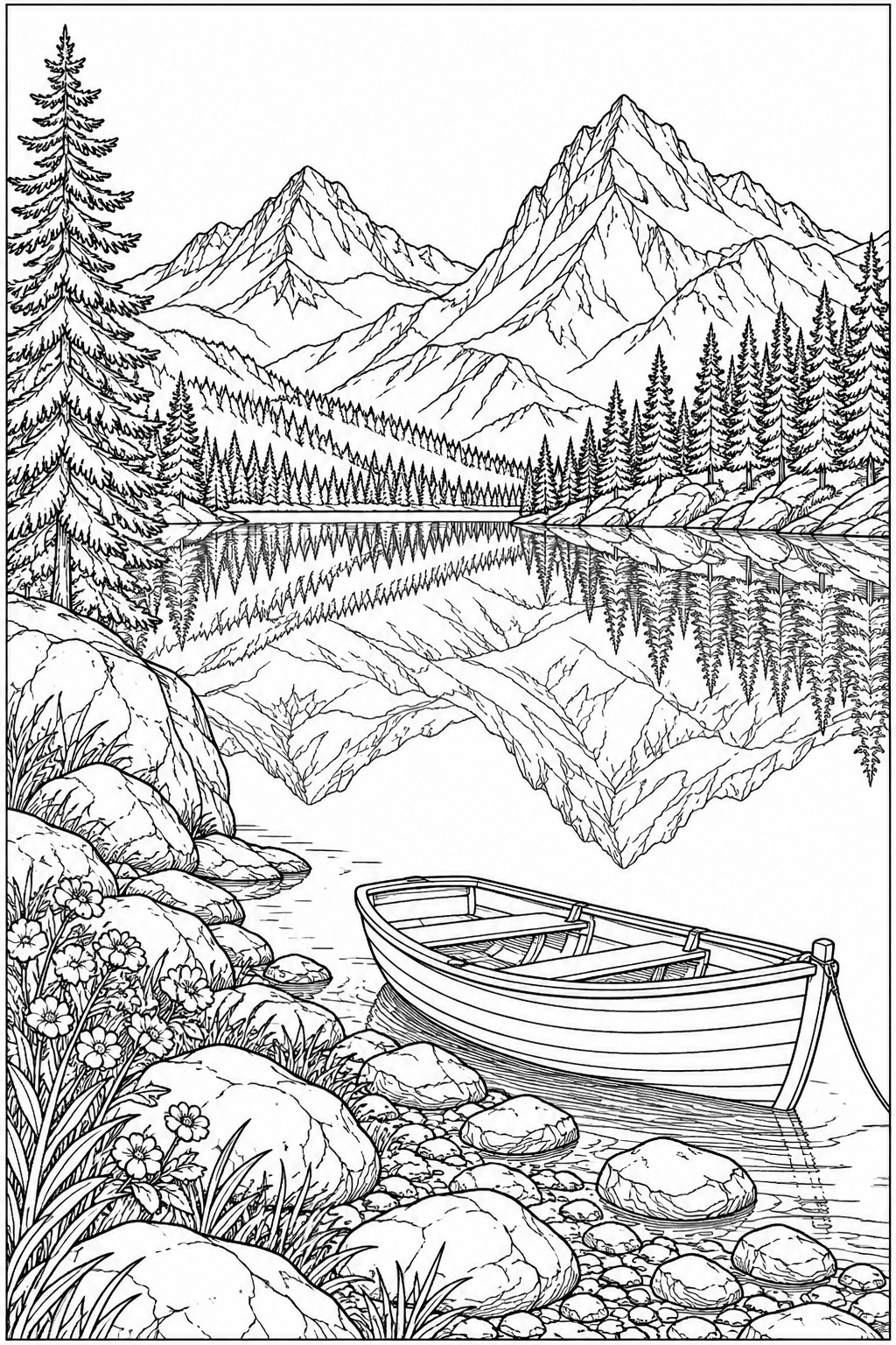 Bergsee mit Spiegelung als Ausmalbild