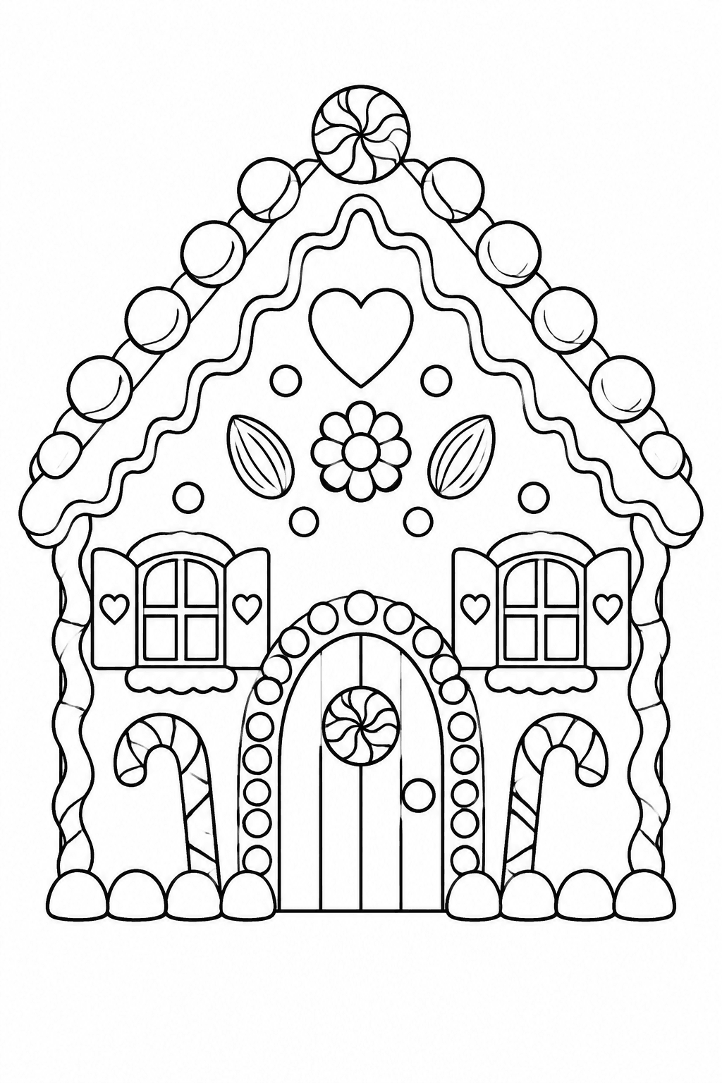 Lebkuchenhaus von vorn mit Zuckergussdach als Ausmalbild
