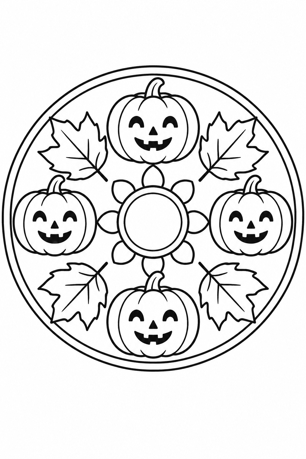 Mandala mit vier Kürbissen und Blättern als Ausmalbild