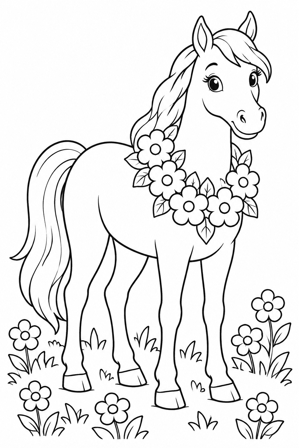 Pferd mit Blütenkranz um den Hals als Ausmalbild
