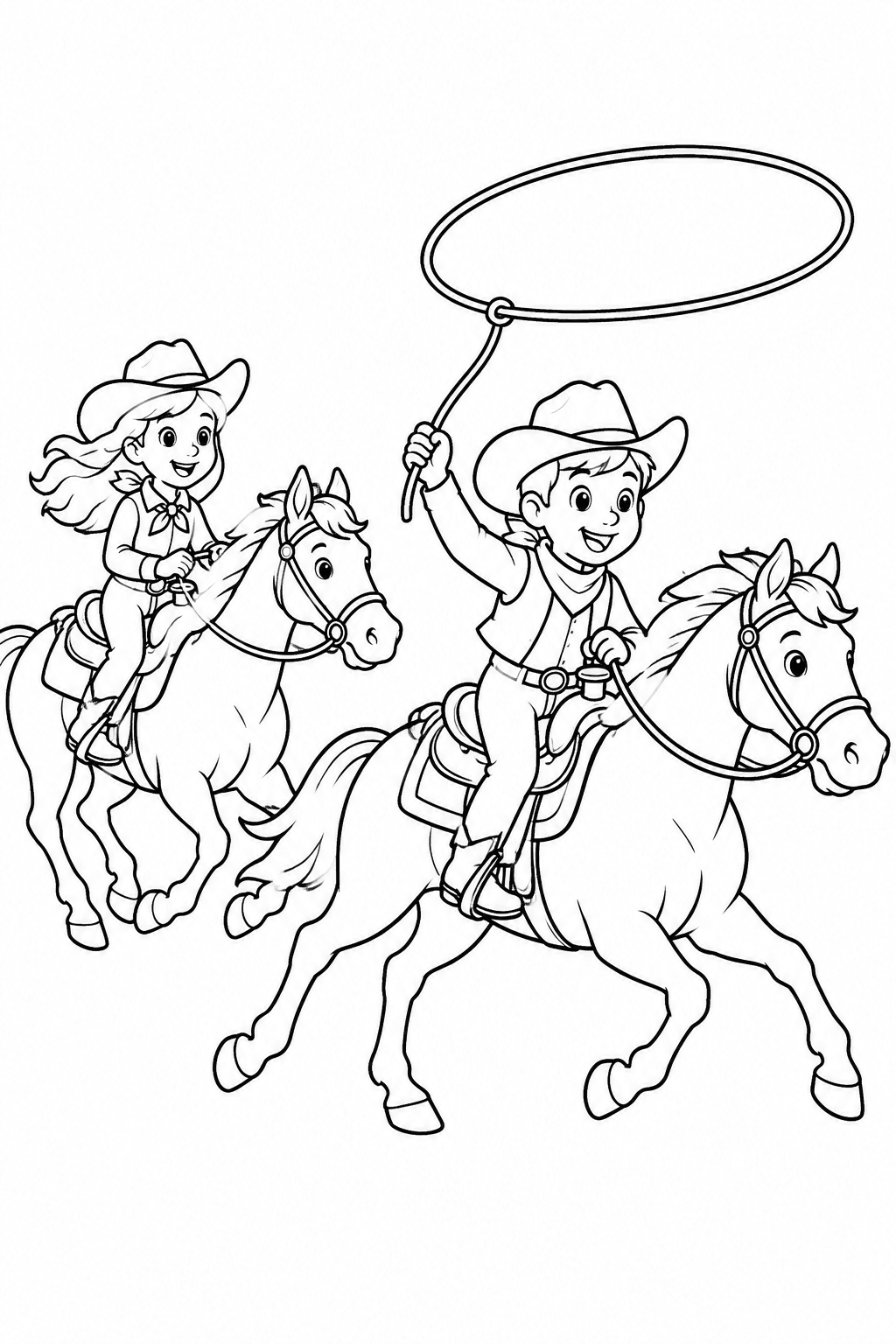 Cowboy schwingt das Lasso vom Pferd aus als Ausmalbild