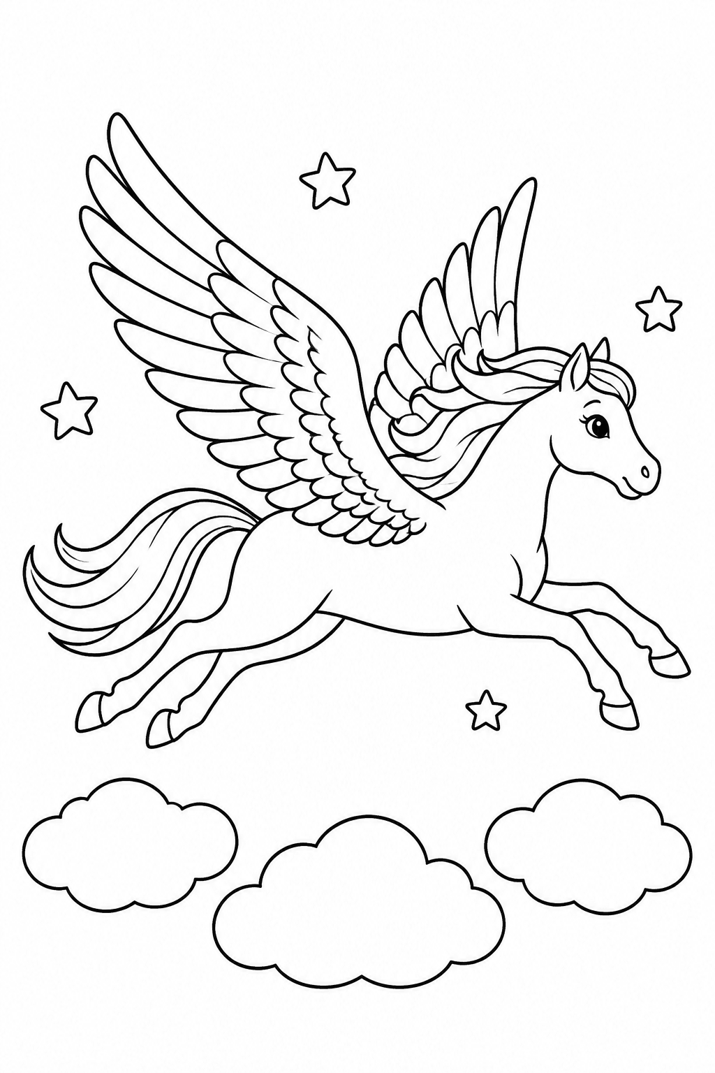 Geflügeltes Pferd fliegt über den Wolken als Ausmalbild