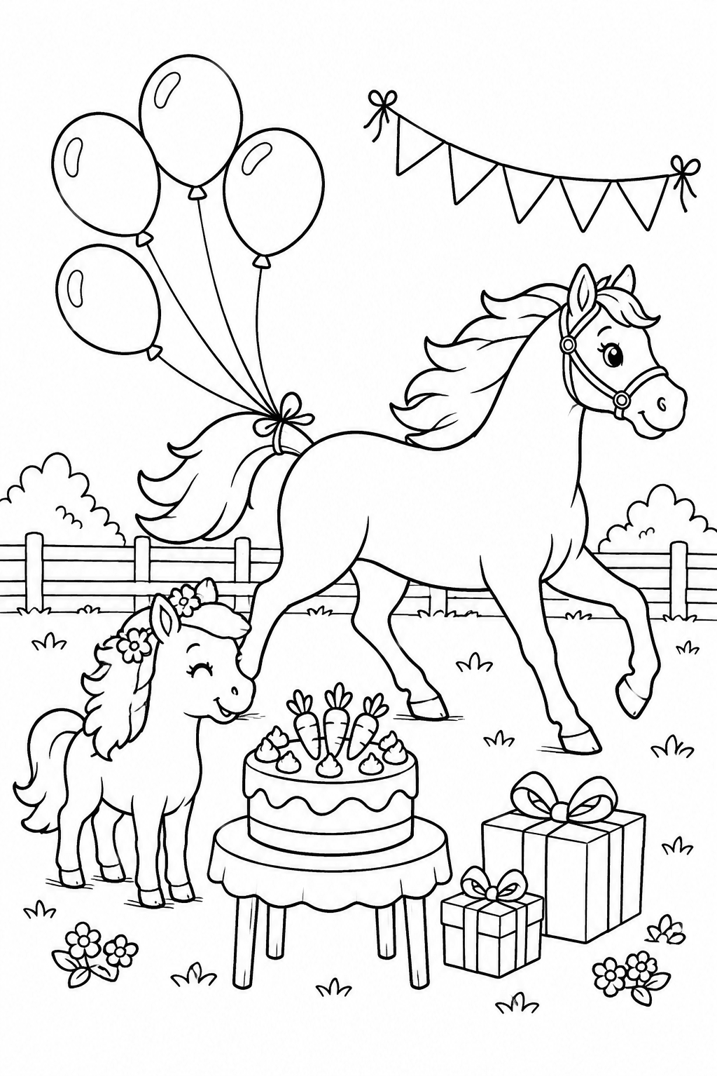 Pferd mit Luftballons am Schweif als Ausmalbild