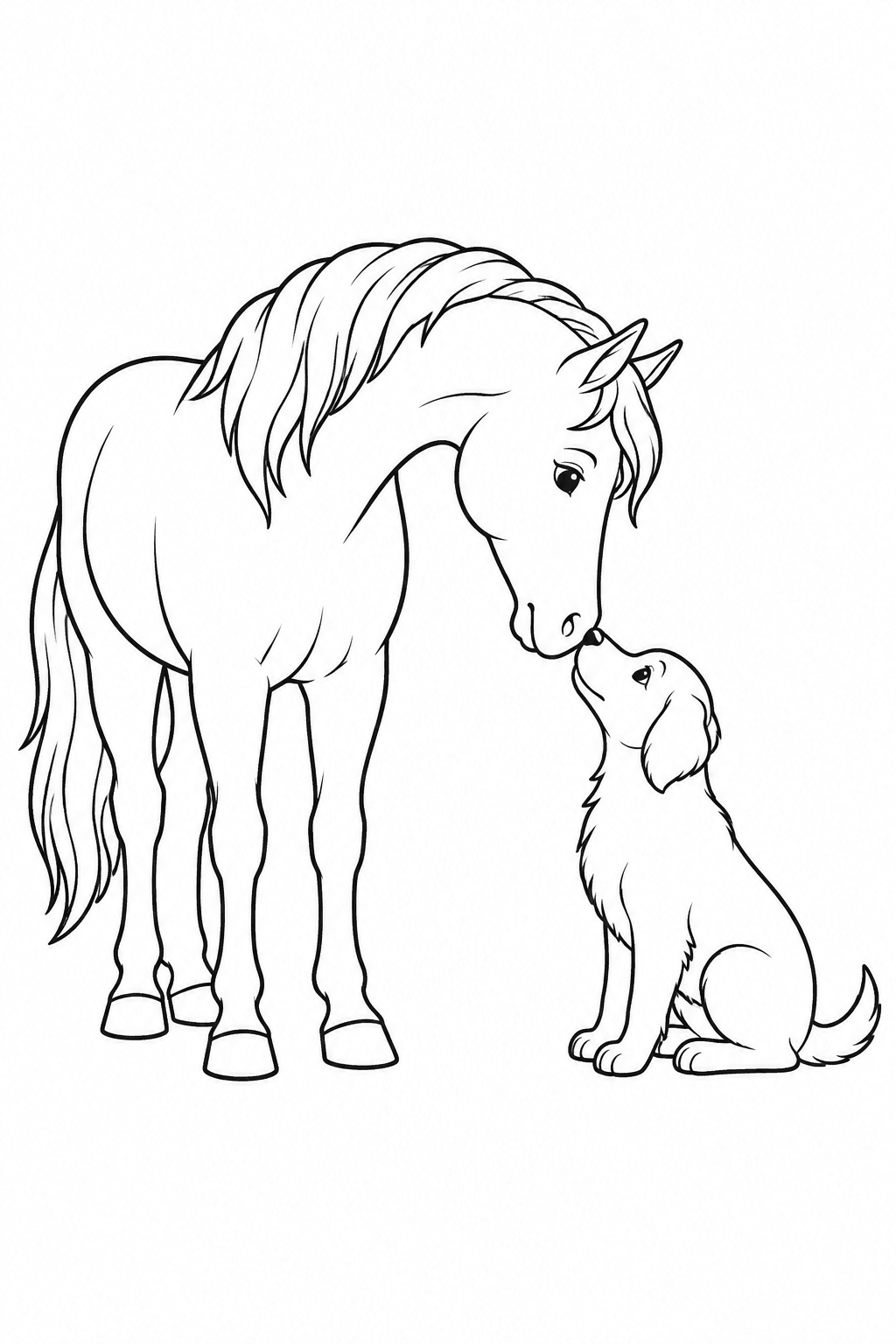 Pferd und Hund begrüßen sich Nase an Nase als Ausmalbild