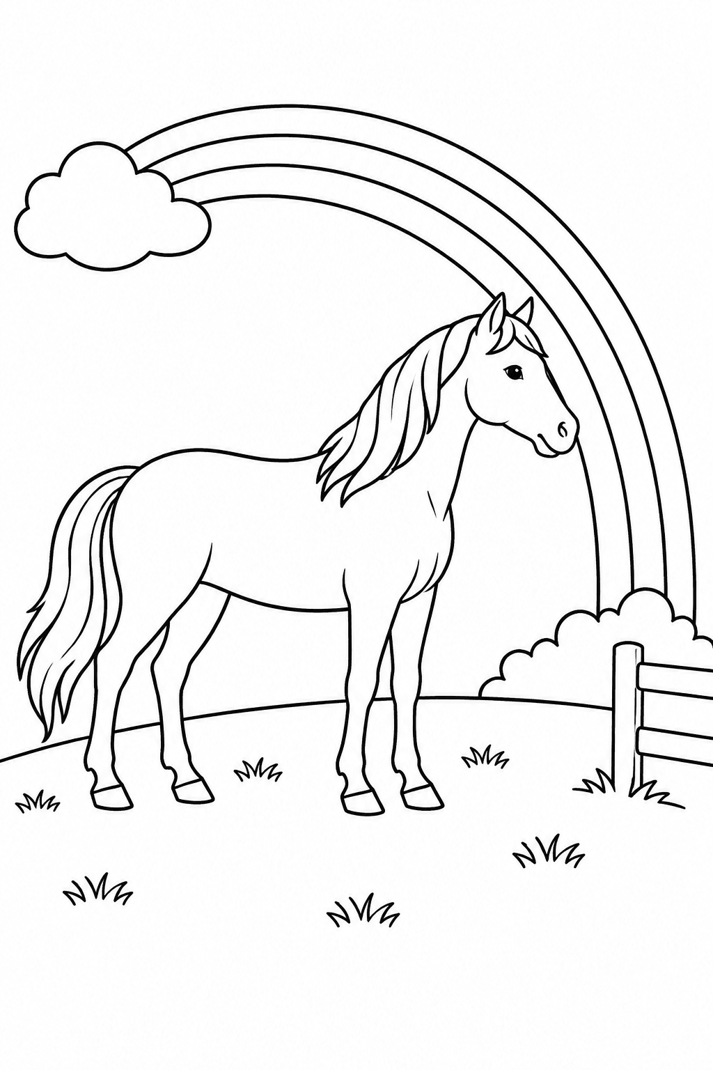 Pferd steht unter dem Regenbogen als Ausmalbild