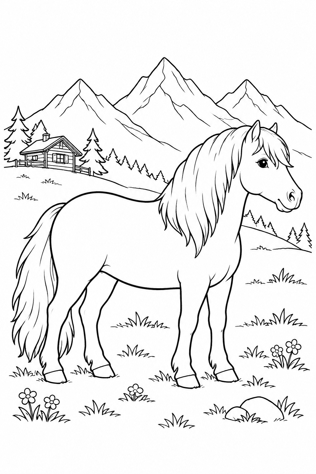 Haflinger steht auf der Almwiese als Ausmalbild