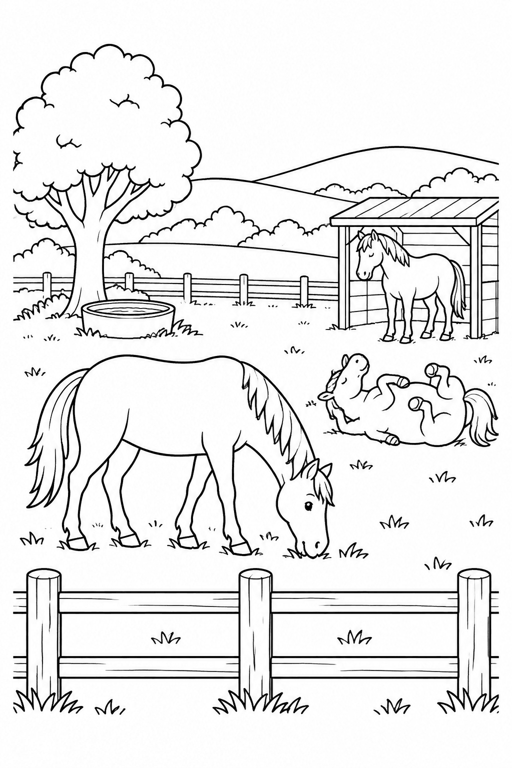 Pferd grast hinter dem Koppelzaun als Ausmalbild