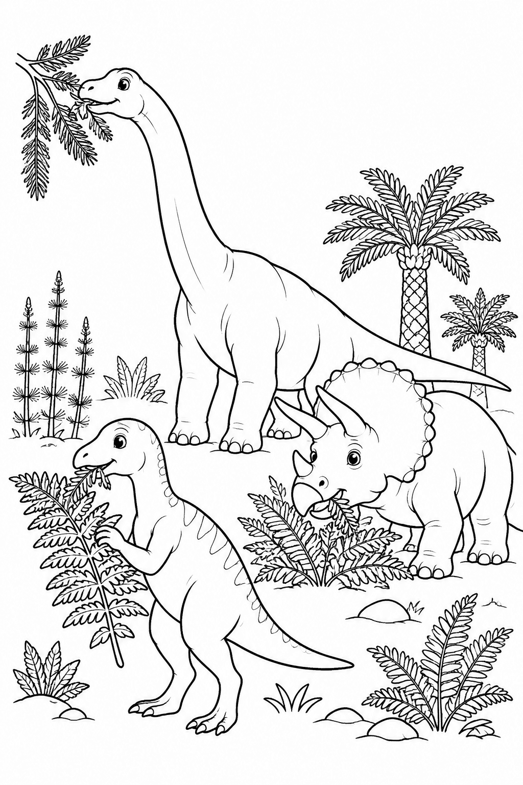 Verschiedene Pflanzenfresser-Dinos mit Blättern als Ausmalbild
