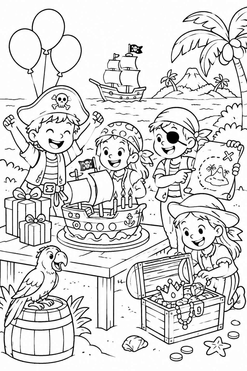 Geburtstagskuchen als Piratenschiff als Ausmalbild