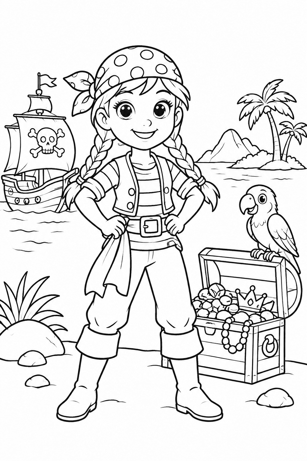 Piratenmädchen mit Zöpfen und Kopftuch als Ausmalbild