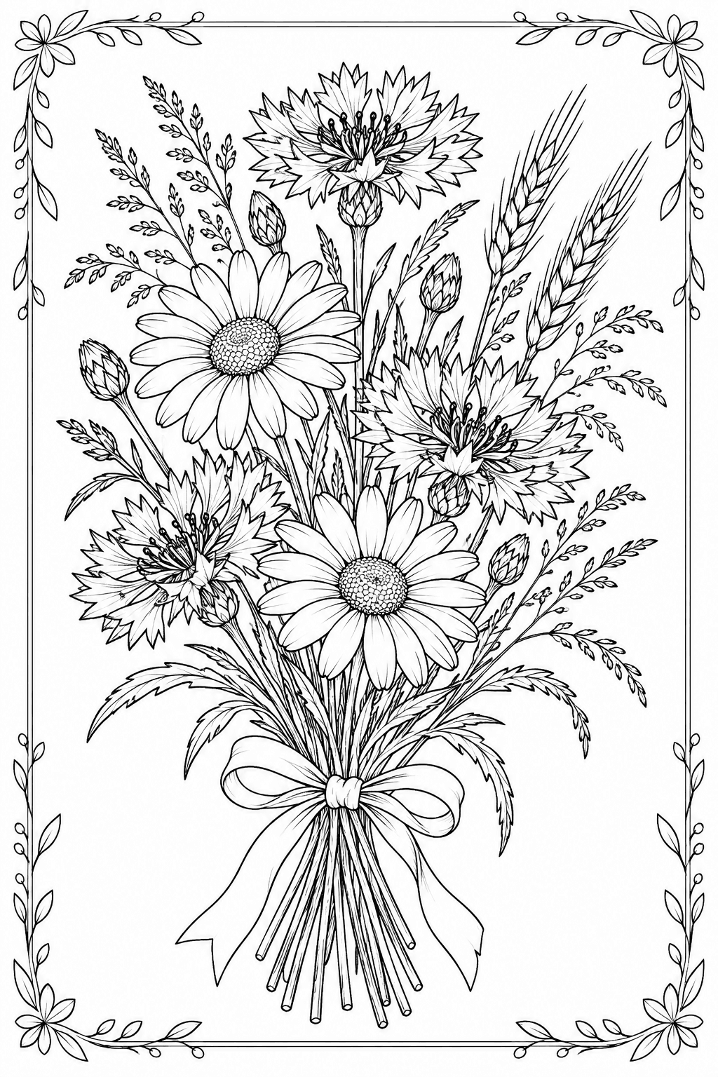 Karte mit Wiesenblumenstrauß als Ausmalbild