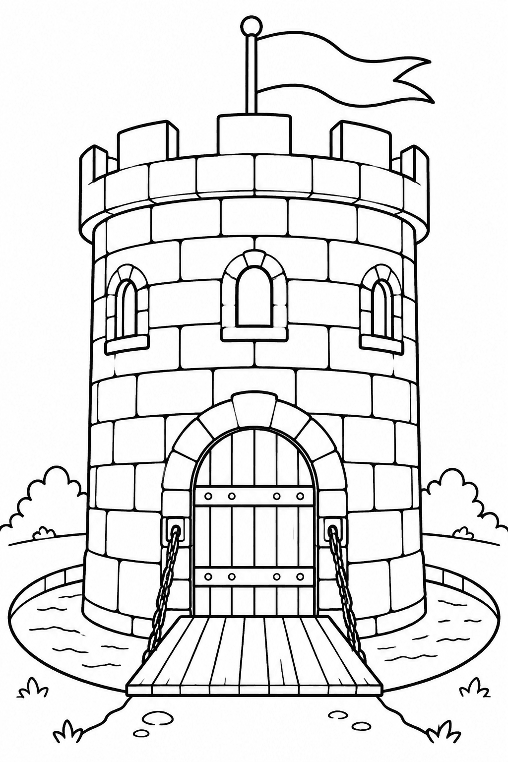 Burgturm mit Zinnen und Fahne als Ausmalbild
