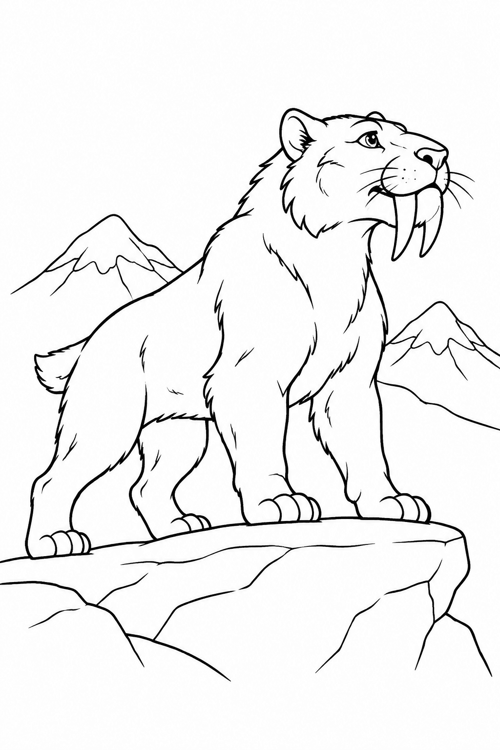 Säbelzahntiger steht auf einem Felsen als Ausmalbild