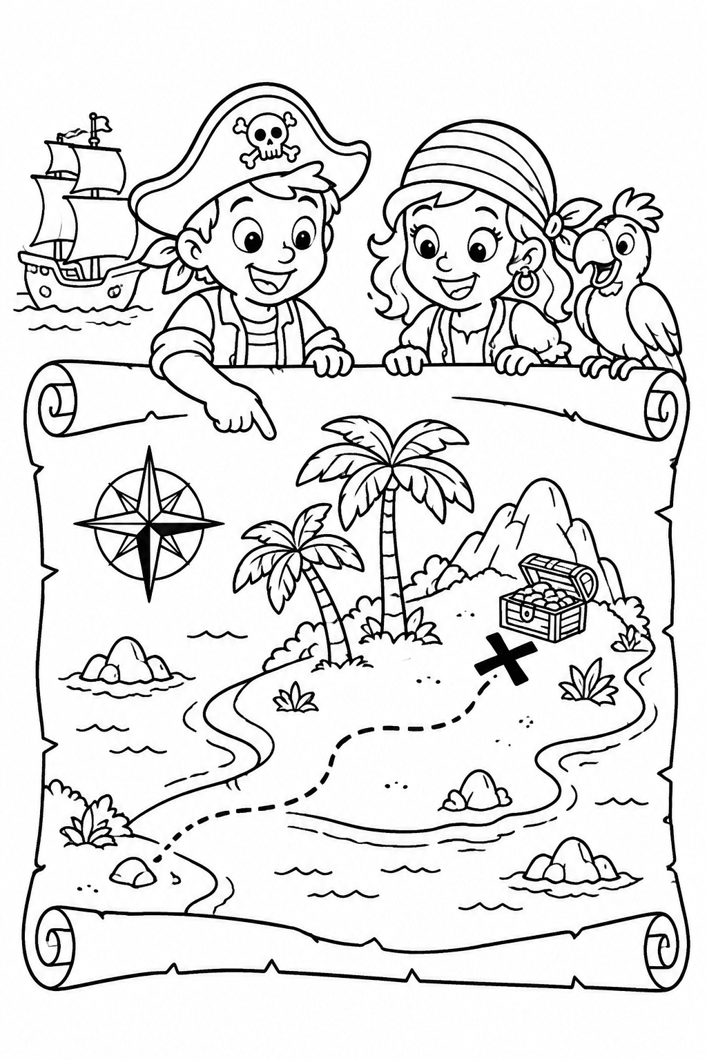 Schatzkarte mit Insel und Kreuz als Ausmalbild
