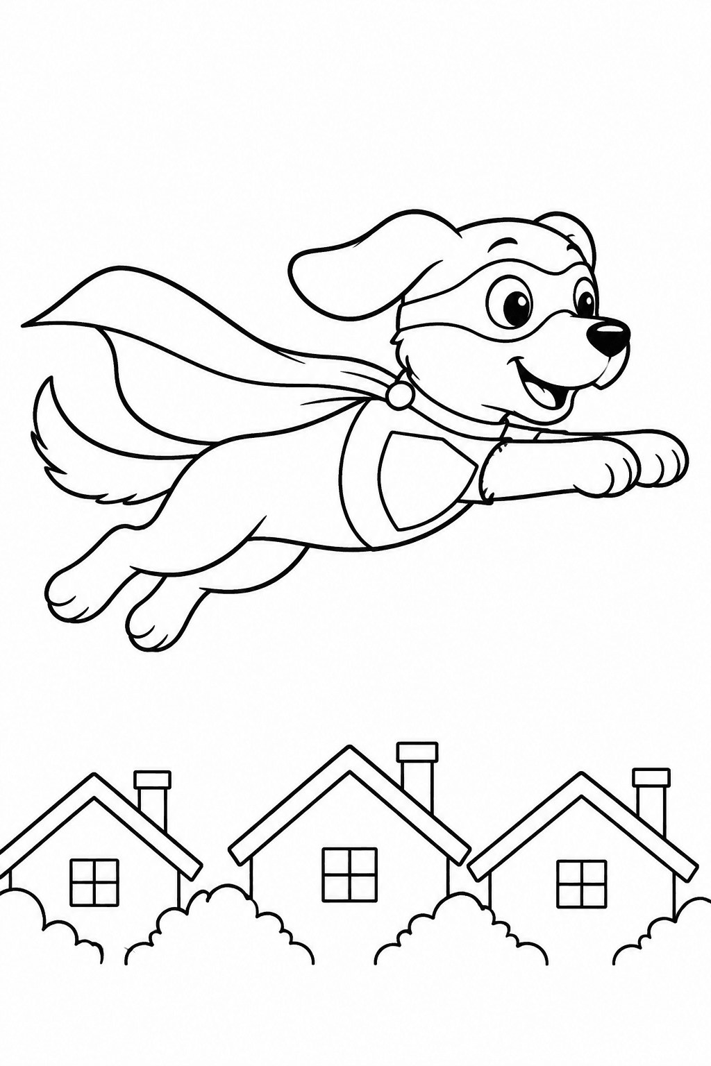 Superhund fliegt mit wehendem Umhang als Ausmalbild