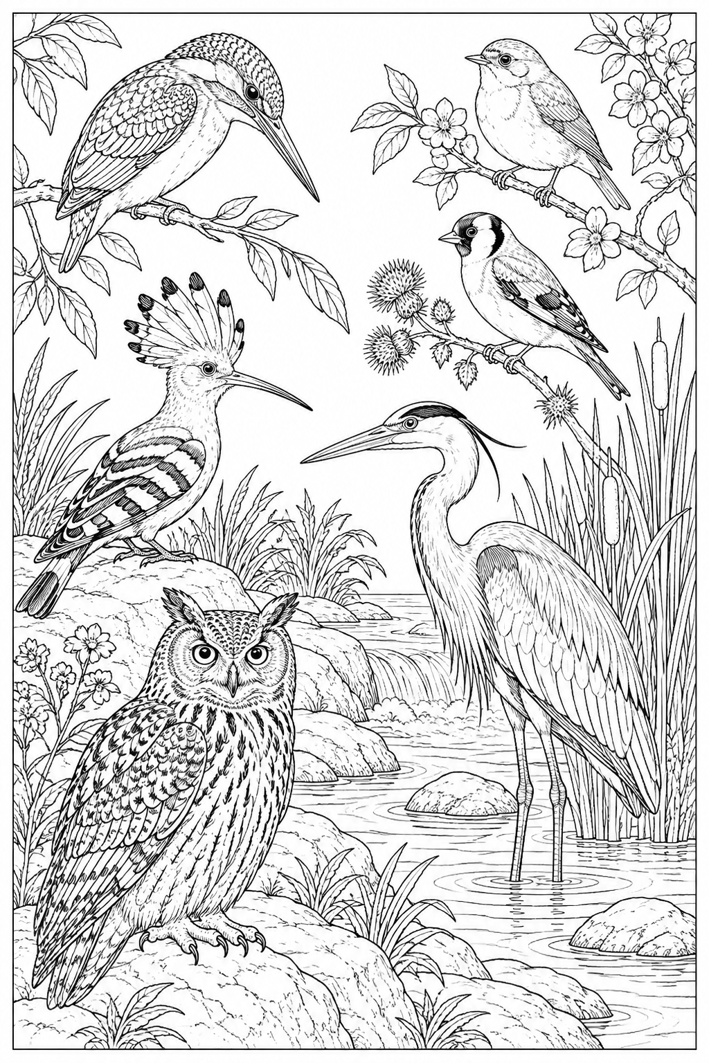 Eisvogel auf einem Ast über dem Bach als Ausmalbild